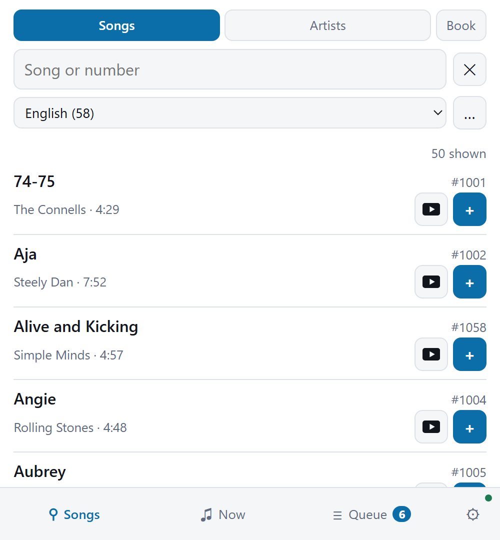 The singer's remote on a phone: mode buttons for songs, artists and a printed book, a
                search box, a language filter, and a list of songs with artist, duration and number,
                each with a button to look it up on YouTube and a button to add it to the queue