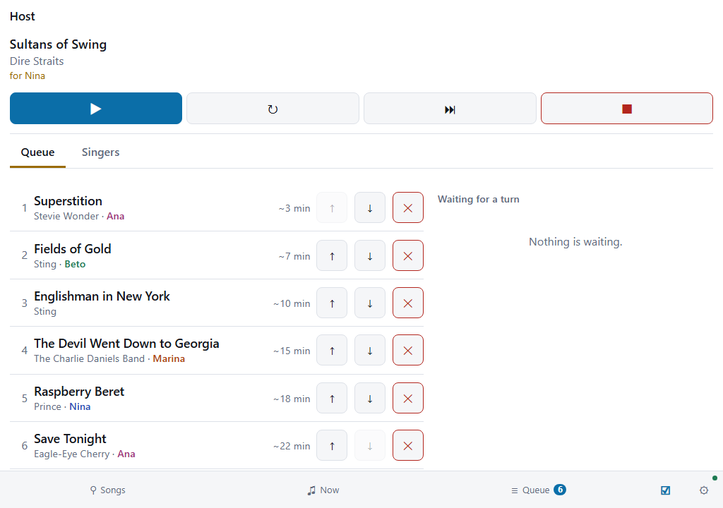 The host's tab on a tablet:
the playing song with play, restart, skip and stop buttons, then the Queue tab with six songs by
place, title, artist and singer, each with its wait and buttons to move it up, move it down or take
it out, and beside them the list of songs waiting for a turn