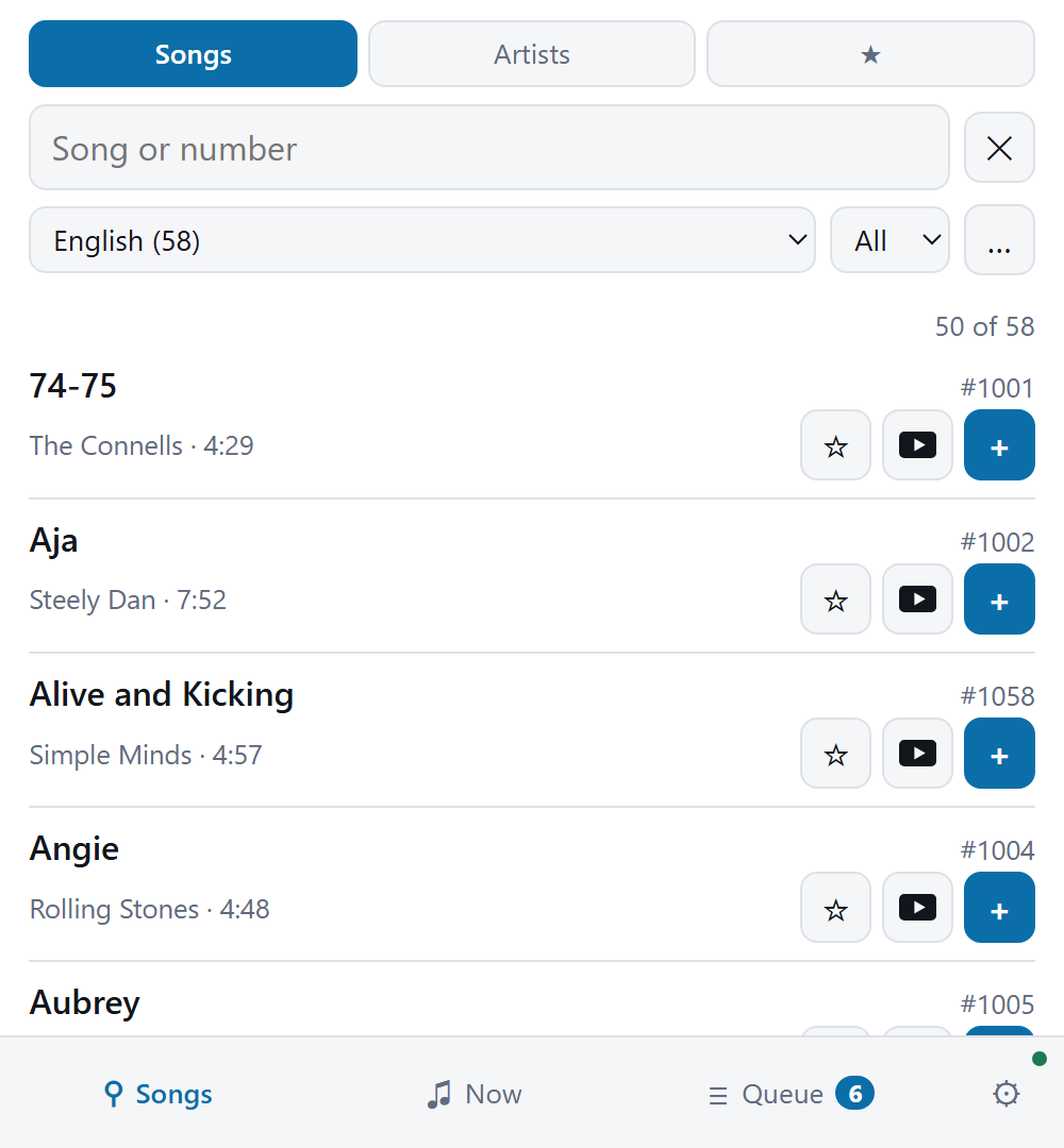 The offline remote showing its song list, with a favorites mode, an A to Z picker,
                and a star beside each song for filing it as a favorite
