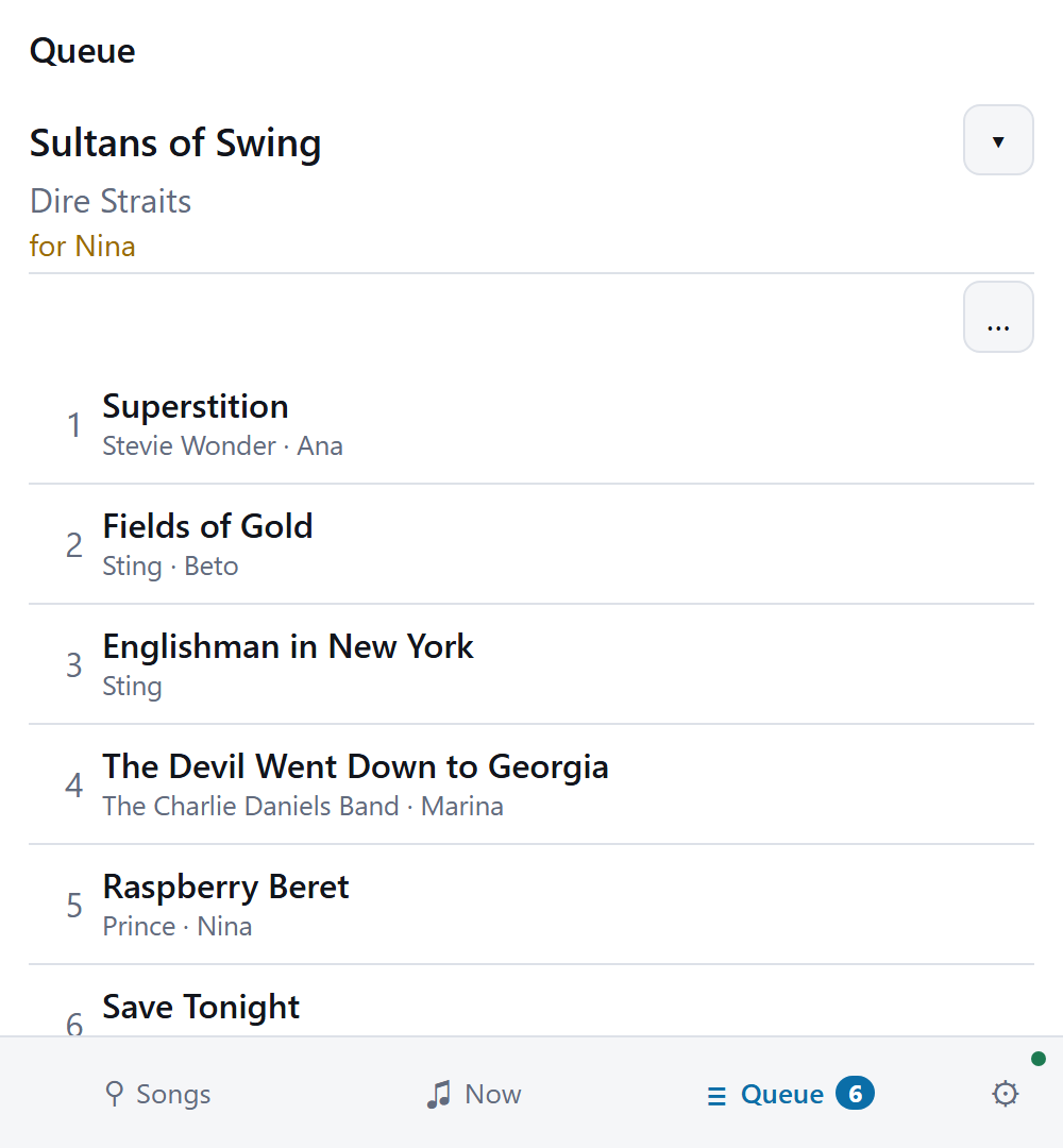 The remote's queue page: the song playing across the top with its transport folded
                away behind a toggle, then the queued songs by position, title, artist and the
                singer who asked for each, their move and remove buttons folded away behind a second
                toggle