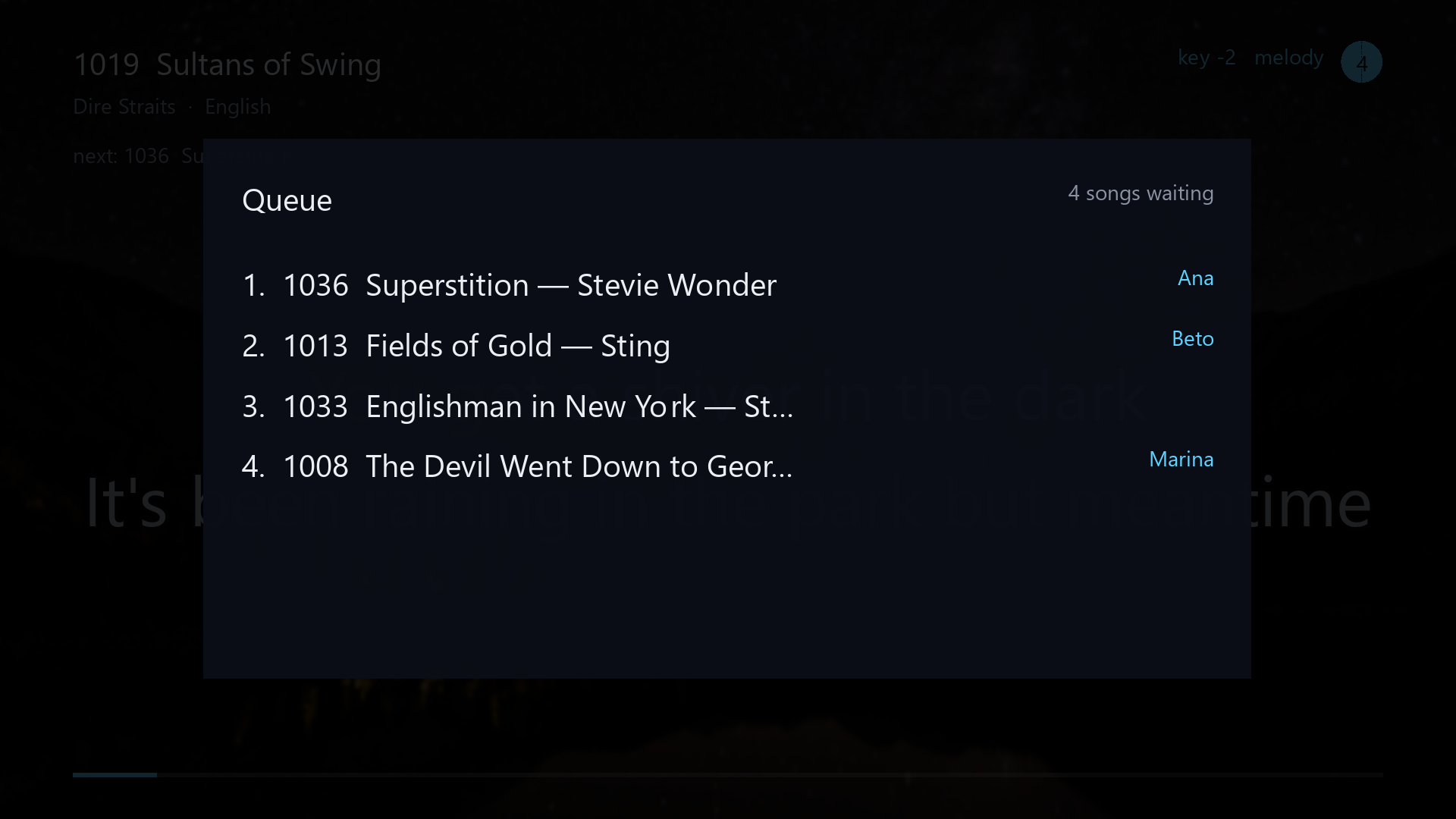 The queue overlay drawn over a dimmed playing screen, listing four waiting songs by
                number and title with the singer who asked for each in blue at the right