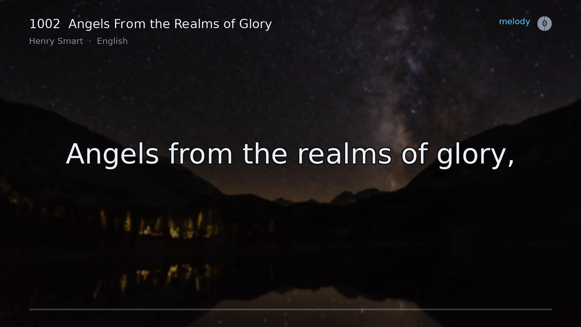 Two lines of the carol Angels From the Realms of Glory sung on the playing screen: each
              syllable fills in amber as it is sung, the next line waits below in gray, and when the
              first line ends the one after the next takes its row